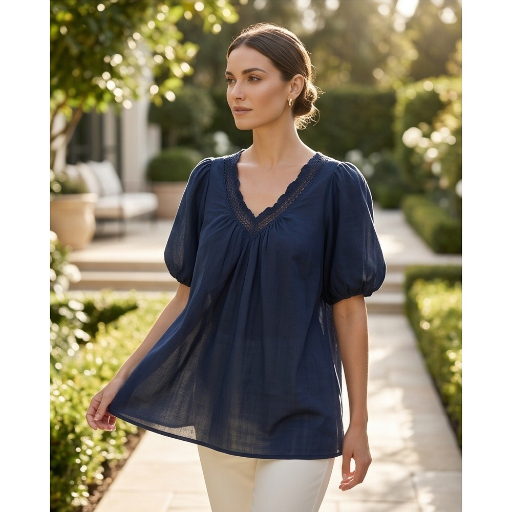 Torrid 0 Crosshatch Dobby Lace Neckline Top Peacoat Blue Plus Size XL 14 NWT